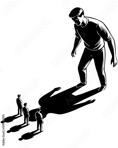 Power imbalance vector illustration showing a giant man casting a long shadow over small people representing social inequality oppression and hierarchy in black and white