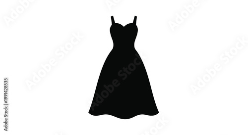 A striking black dress design presented as a minimalist fashion silhouette