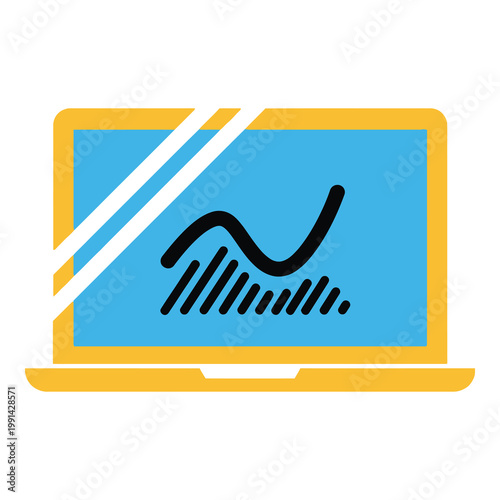 Yellow laptop computer with blue screen and black graph line on transparent background icon