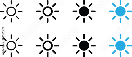 Set of sun icons, brightness symbols, weather signs, vector illustration