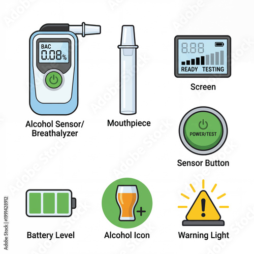 Digital Alcohol Breathalyzer Device Components and Icons.