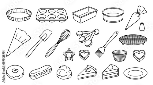Cute baking dessert outline vector set with cupcake, pie slice, donut, tart mold, whisk and pastry tools for bakery menus, recipe cards and sweet shop design