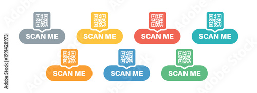 Collection of colorful buttons with QR codes and "Scan Me" text prompts