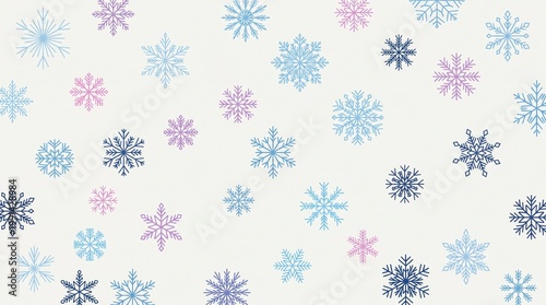 Seamless winter snowflake pattern with pastel blue pink and purple flakes on light background for festive holiday design