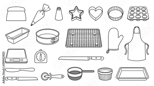 Baking tools outline vector set with mixer, spatula, scale, tray, cutter, apron and muffin pan for pastry recipes, kitchen instruction and dessert design