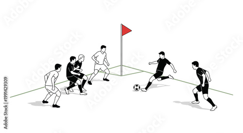 Soccer players in action kicking ball.