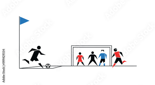 Soccer player kicking ball into goal.