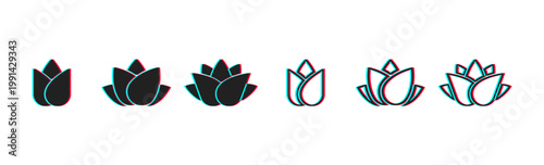 Collection of stylized lotus flower icons with glitch effect on white background