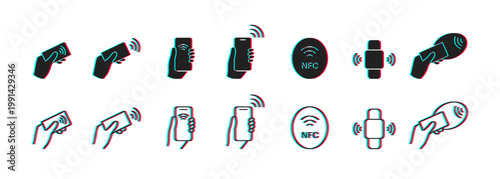 Collection of icons showing contactless payment and NFC technology interactions