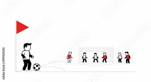 Soccer player kicking ball with flag.