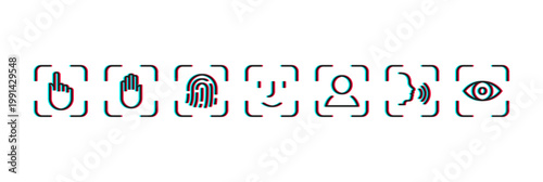 Biometric identification icons showing fingerprint, face, voice, and eye recognition