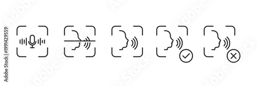 Voice recognition icons showing microphone, sound waves, and verification status
