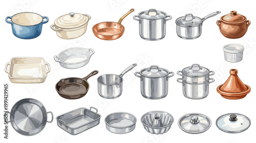 Hand drawn cookware vector set with pots, pans, casserole dishes, tagine and kitchen utensils in watercolor style for cooking themes, recipe books, menus and home design
