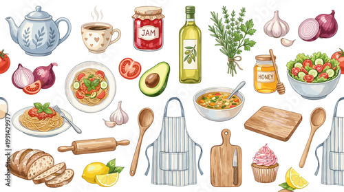 Watercolor kitchen food vector set with teapot, coffee, honey, olive oil, vegetables, bread, soup and utensils for recipe cards, menus, cooking blogs and culinary design