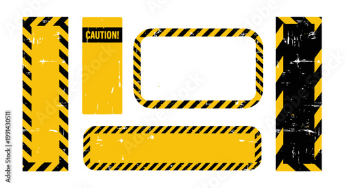 Industrial caution tape frames, yellow and black hazard stripe borders, grunge textured warning signs, set of 5 vector safety labels
