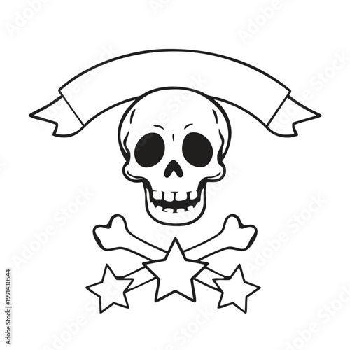 A black and white drawing of a skull and crossbones with stars