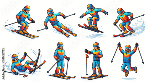 Set of colorful cartoon skier illustrations featuring a male character in blue and orange gear performing various actions like jumping, racing, and celebrating.