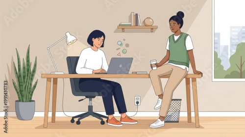 Teamwork and Collaboration in the Workplace: Two colleagues work together in a modern office, one seated at a laptop, the other resting on a desk, creating a scene of cooperation and creativity.