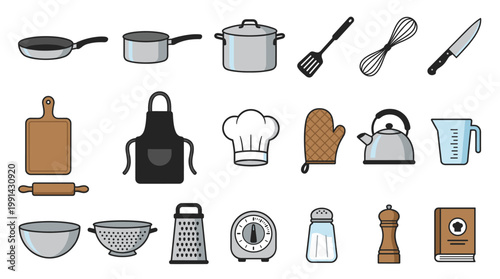 Vintage bakery badge vector set with bread, whisk, rolling pin, teapot and chef symbols for bakery branding, cafe menus, food labels and pastry shop packaging