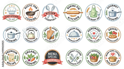 Kitchen utensil outline vector set with knives, peeler, whisk, scissors, ladle, grater and cookware tools for cooking guides, menus, packaging and culinary design