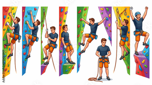Set of Colorful Illustrations Featuring a Male Rock Climber in Various Poses on an Indoor Climbing Wall with Ropes, Harnesses, and Vibrant Bouldering Holds.