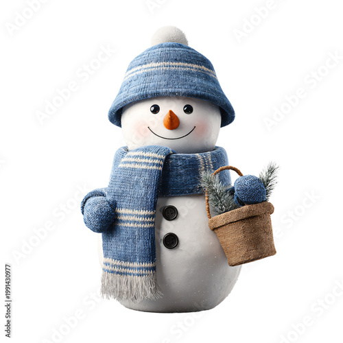 Festive Snowman with Blue Scarf and Bucket Hat Isolated PNG