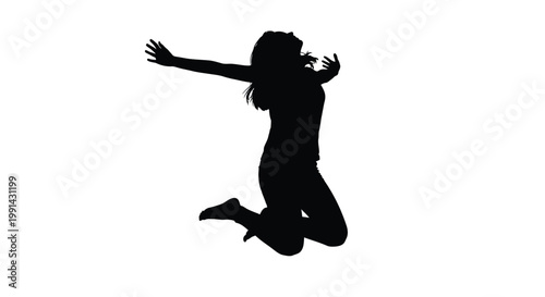 Silhouette of a woman jumping in the air with arms outstretched, feeling free and joyful, in a vector graphic illustration, showcasing a dynamic pose and carefree spirit.
