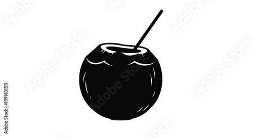 Black vector illustration of a cocktail with a straw
