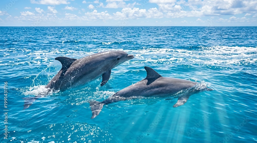 Fototapeta premium Two playful dolphins swimming together in clear blue ocean water with sunbeams