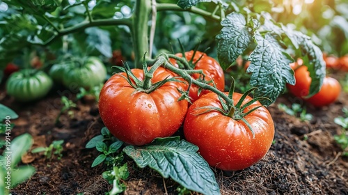 Fresh ripe tomatoes growing on the vine in a garden 