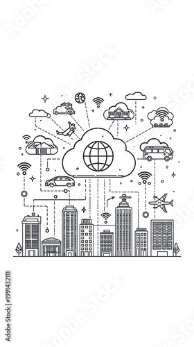A cityscape with a large cloud and various vehicles and buildings isolated on white background
