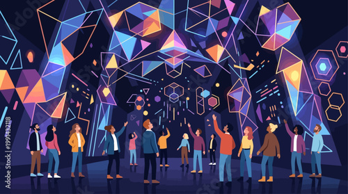 A flat design illustration portraying visitors captivated by a large-scale, immersive installation art piece, highlighting the experiential nature of contemporary art.