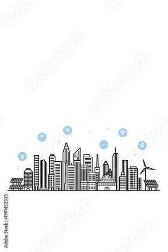 A city skyline with wind turbines and solar panels isolated on white background