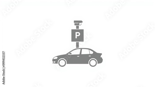 A gray car parked under a parking sign isolated on white background