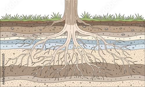 Tree roots underground soil layers cross section geology flat vector illustration