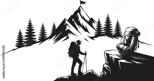 Silhouette of hiker reaching mountain peak with flag symbolizing achievement, vector illustration representing success, perseverance, and goal accomplishment, ideal for motivational branding