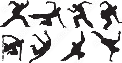 A set of men and  street dance hip hop dancers in silhouette.eps