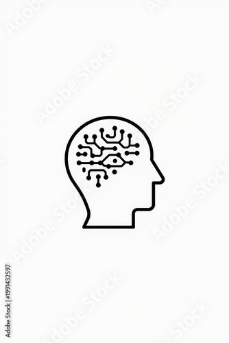 A black and white image of a head with a circuit board isolated on white background