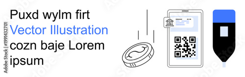 Digital transactions, online shopping, QR codes, fintech, mobile wallets, modern technology. Coin and smartphone with QR code accompanied by a stylized pen. Digital transactions and QR code