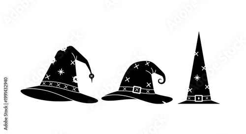 Witch hat icon set with playful stars, stripes, and buckle details for Halloween party invitations and decorations