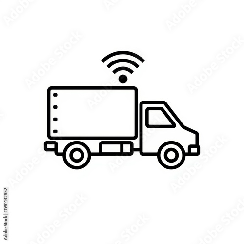 A black and white image of a truck with a wifi signal isolated on white background