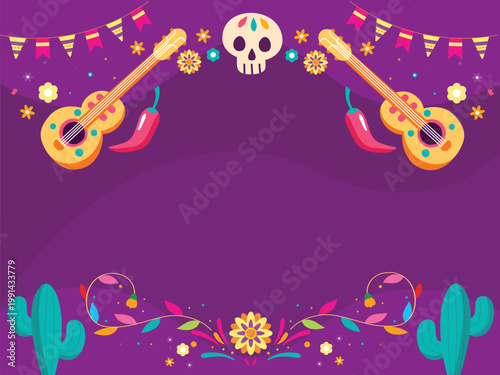A colorful d a de los muertos celebration with guitars and festive decorations