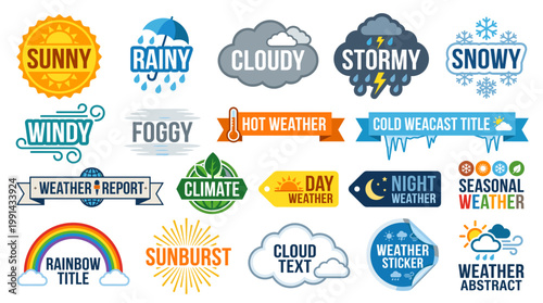 Colorful weather badge vector set with forecast labels, sunny, rainy, cloudy and stormy icons, ideal for apps, reports, stickers and climate themed design