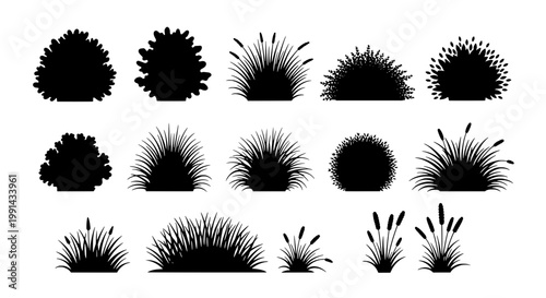 Bushes set with various black silhouettes and spiky textures on white background featuring grass, plants, foliage with landscape and nature elements