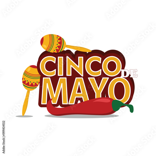 Colorful cinco de mayo graphic featuring maracas peppers and bold lettering