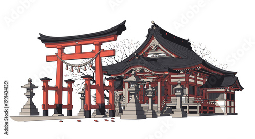 Traditional Japanese Shrine Architecture with Torii Gate