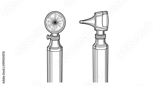 Precise line art illustration of two classic medical otoscopes, front and side views, essential diagnostic tools for professional ear examination.
