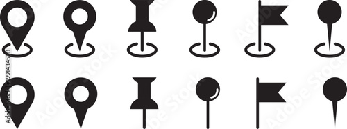 Set of location pin icons. Map pointers. Map markers. Vector illustration. Location, map, and pin icon collection. GPS, place, markers, pinpoing, position, and navigation icons set