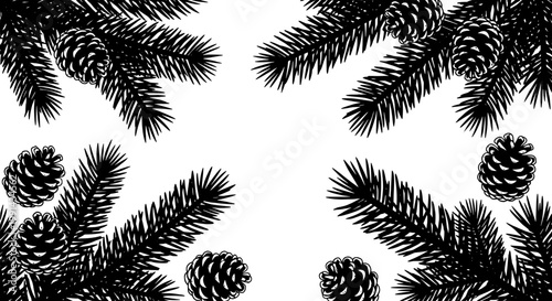 Pine cone and pine needles corner frame pattern with monochrome engrave style for seasonal holiday greeting backgrounds