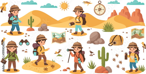 
Desert Safari Explorer Kids Character Set with Cactus, Sand Dunes, Compass, Binoculars, Map, and Wildlife Adventure Elements